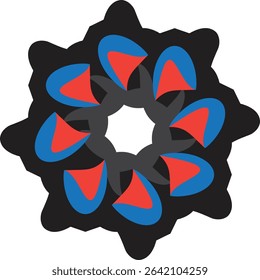 A vibrant abstract digital art piece featuring a symmetrical star-like design with red and blue shapes around a central void on a black background