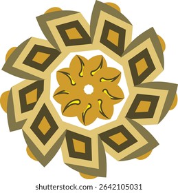 A vibrant abstract digital art piece featuring a symmetrical golden geometric mandala with radiating inner shapes and layered rhombuses on a clean white background
