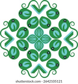 A vibrant abstract digital art piece featuring a symmetrical green and teal organic motif with stylized shapes and accents on a clean white background,