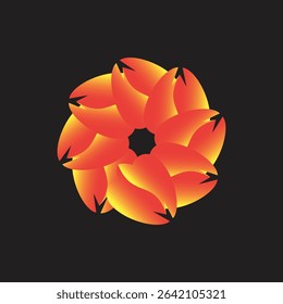 A vibrant abstract digital art piece featuring a symmetrical circular design of orange and yellow gradient flame-like petals, forming an energetic flower mandala on a sleek black background