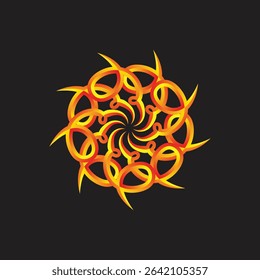 A vibrant abstract digital art piece featuring a symmetrical circular design of intertwined golden and orange loops, creating a dynamic mandala on a sleek black background