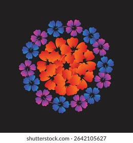 A vibrant abstract digital art piece featuring a symmetrical floral mandala with orange flowers in the center, surrounded by a ring of blue and purple gradient blossoms on a sleek black 
