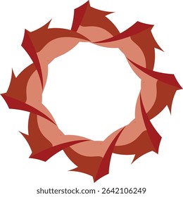 A vibrant abstract digital art piece featuring a symmetrical star-like design with swirling red and peach petal elements around a central void on a white background