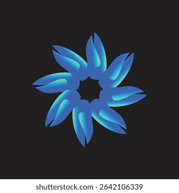 A vibrant abstract digital art piece featuring a symmetrical circular design of blue and teal gradient flame-like petals, forming an energetic flower mandala on a sleek black background