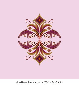 A vibrant abstract digital art piece featuring a symmetrical floral ornamental motif with purple, gold, and brown leaves and diamond accents on a soft pink background