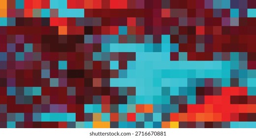 Una vibrante obra de arte digital abstracta caracterizada por un mosaico de píxeles coloridos, predominantemente con tonos de rojo, cian y marrón oscuro.