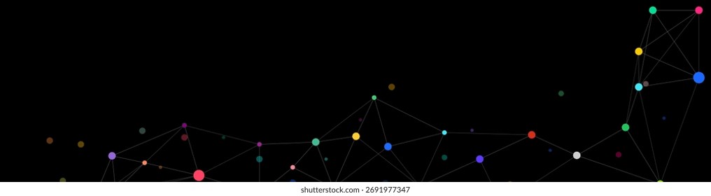 A vibrant, abstract digital network featuring an intricate structure of multicolored, interconnected dots and lines on a black background, symbolizing data and technology.