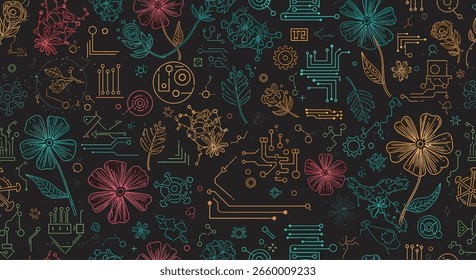Vibrant Abstract Digital Pattern with Geometric and Floral Elements in a Dark Background