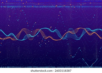 Vibrant abstract digital wave background features flowing wave patterns and scattered data points in a futuristic technology-inspired design.