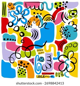 Vibrant abstract doodle composition with colorful geometric shapes, playful lines and organic elements. Modern artistic background for posters, textiles and creative branding.