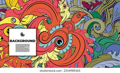 A vibrant and abstract doodle design is ideal for use as a background, landing page, template, or cover.