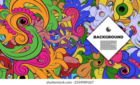 A vibrant and abstract doodle design is ideal for use as a background, landing page, template, or cover.