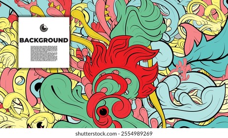 A vibrant and abstract doodle design is ideal for use as a background, landing page, template, or cover.