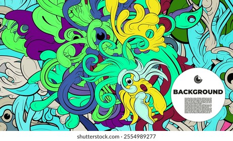 A vibrant and abstract doodle design is ideal for use as a background, landing page, template, or cover.