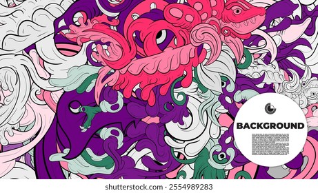 A vibrant and abstract doodle design is ideal for use as a background, landing page, template, or cover.