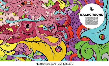 A vibrant and abstract doodle design is ideal for use as a background, landing page, template, or cover.