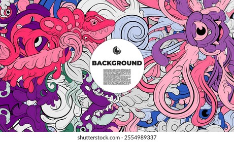 A vibrant and abstract doodle design is ideal for use as a background, landing page, template, or cover.