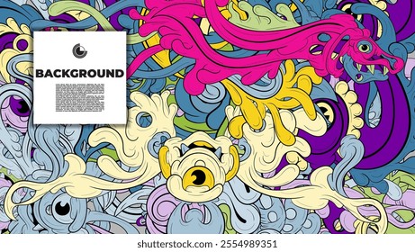 A vibrant and abstract doodle design is ideal for use as a background, landing page, template, or cover.