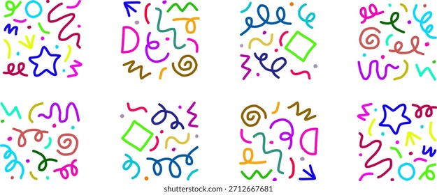 Vibrant abstract doodle pattern with colorful squiggles, stars, spirals, and geometric shapes creating a playful seamless background design artwork.
