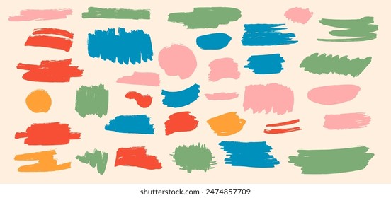 Vibrant abstract doodles brush strokes and shapes in a variety of colors set against a neutral beige background, forming a dynamic and engaging composition with varying sizes and orientations.