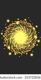 Espiral dinâmico amarelo abstrato vibrante que se assemelha a uma explosão de energia ou fogos de artifício, irradiando com partículas brilhantes em um fundo vertical escuro. Para visuais energéticos com efeitos radiantes brilhantes.