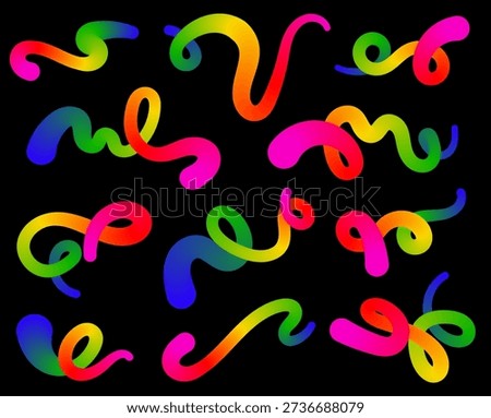 Vibrant abstract elements. Colorful rainbow lines of varying thickness on a black background. Dynamic modern design for posters, digital art and creative layouts.