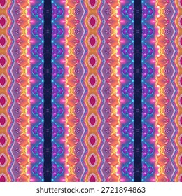 Padrão geométrico étnico abstrato vibrante com simetria neon, textura tribal decorativa, fundo sem costura para a moda, design têxtil, papel de parede e arte moderna.