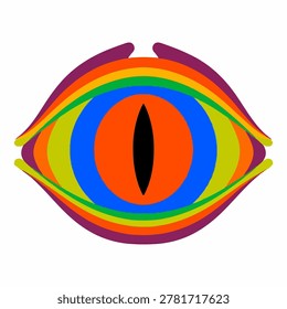 A vibrant, abstract eye design with rainbow colors and a reptilian pupil.