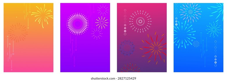 Vibrant abstract firework illustrations on colorful gradient backgrounds. Perfect for festive events, social media stories, app interfaces, or modern celebration designs.