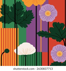 A vibrant abstract floral art featuring stylized flowers, leaves, and geometric patterns in bold colors, creating a modern and playful design.
