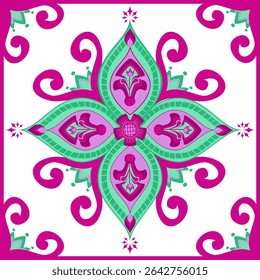 Vibrant abstract floral Design, flowers mandala, in fuchsia and mint green with intricate details. Botanical design is perfect as a standalone element, for textile, fabric prints, tiles, backdrop, rug