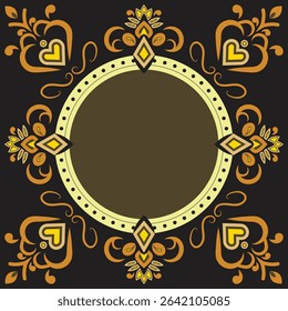 A vibrant abstract floral digital art piece featuring a symmetrical mandala with pink flowers, purple berries, and yellow leaves arranged intricately on a black background