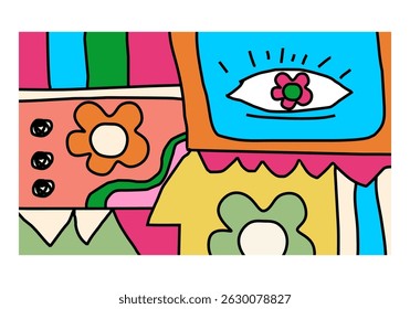 vibrant abstract floral illustration featuring bold flower shapes in playful, colorful blocks. 