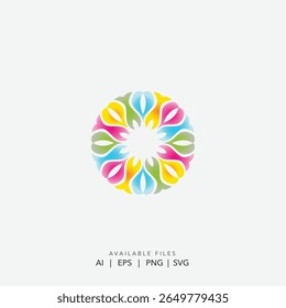 Logo De Mandala Floral D'Abstrait Vibrant, Icône De Fleur Ronde Moderne, Élégante Couronne Florale Circulaire
