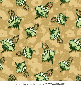 Lebhaftes abstraktes Blumenmuster mit fließenden organischen Formen, geschichteten Texturen und harmonischen Farben, das für den modernen Stoffdruck konzipiert und für Mode oder Hausdekor geeignet ist.