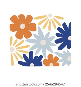 Vibrant abstract floral pattern with orange, blue, and yellow flowers. Perfect for home decor, stationery, and fashion designs. Adds a cheerful and artistic touch to various creative projects