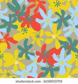 Vibrant abstract floral seamless pattern featuring red, yellow, blue, and green flowers on a beige background. The playful vector design evokes a cheerful and retro aesthetic, perfect for textiles