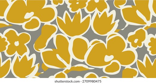 Vibrant abstract floral seamless pattern in mustard yellow and grey tones, perfect for modern textile designs, decorative wallpapers, and artistic print concepts