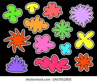 Vibrant abstract floral shapes in various colors with bold outlines on a black background, creating a playful and dynamic pattern.