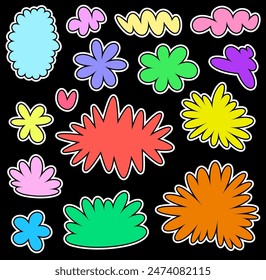 Vibrant abstract floral shapes in various colors with bold outlines on a black background, creating a playful and lively pattern.