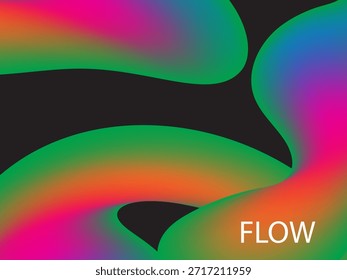 Fundo de fluxo abstrato vibrante com formas de gradiente de neon em verde, rosa, laranja e azul sobre preto, ideal para cartazes, arte musical, design digital moderno de marca criativa.
