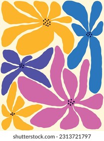 Vibrant abstract flowers in retro hippie style. An aesthetic card in the style of Matisse