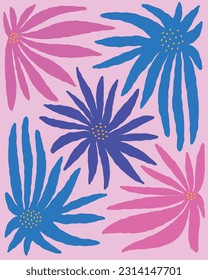 Vibrant abstract flowers in retro hippie style. An aesthetic card in the style of Matisse