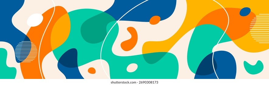 Lebhafter abstrakter fließender Hintergrund. Dynamisches modernes Vektorbanner mit glatten, organischen flüssigen Formen in hellen Teal-, Orange-, Marine- und Gelbtönen. Trendy Grafikdesign für Web oder Präsentation.