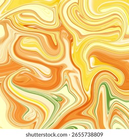 Vibrante textura de mármol fluida abstracta en tonos naranja, amarillo y verde. Movimiento de remolino enérgico para fondos audaces o diseños creativos. Mármol, remolino, fluido, vibrante, abstracto.

