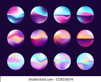 Vibrant abstract fluid neon holographic 3d translucent spheres on dark background in trendy style. Soft gradient tones. Vector illustration
