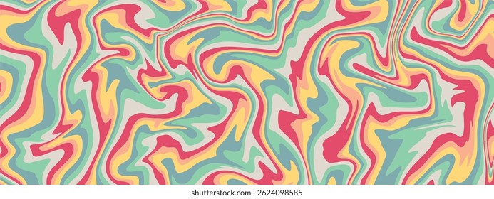 A vibrant, abstract fluid pattern of wavy, interlocking shapes in a pastel toned, psychedelic palette of coral, mint, lemon, blush, and teal.