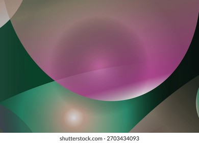 Um design fractal vibrante e abstrato com orbes de gradiente sobrepostas em tons roxos, verdes e beges em um plano de fundo preto.