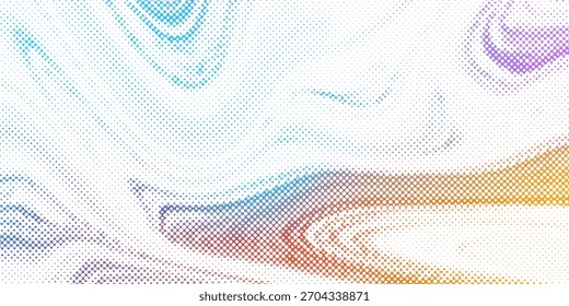 A vibrant abstract futuristic gradient wave with moving dots. Particle flow with glitch effect. Vector graphics ideal for brochures, flyers, magazines, business cards, and banners. Vector.