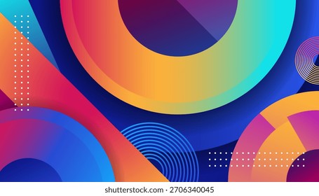 Plano de fundo geométrico abstrato vibrante com círculos gradientes coloridos, formas sobrepostas e elementos de design moderno.